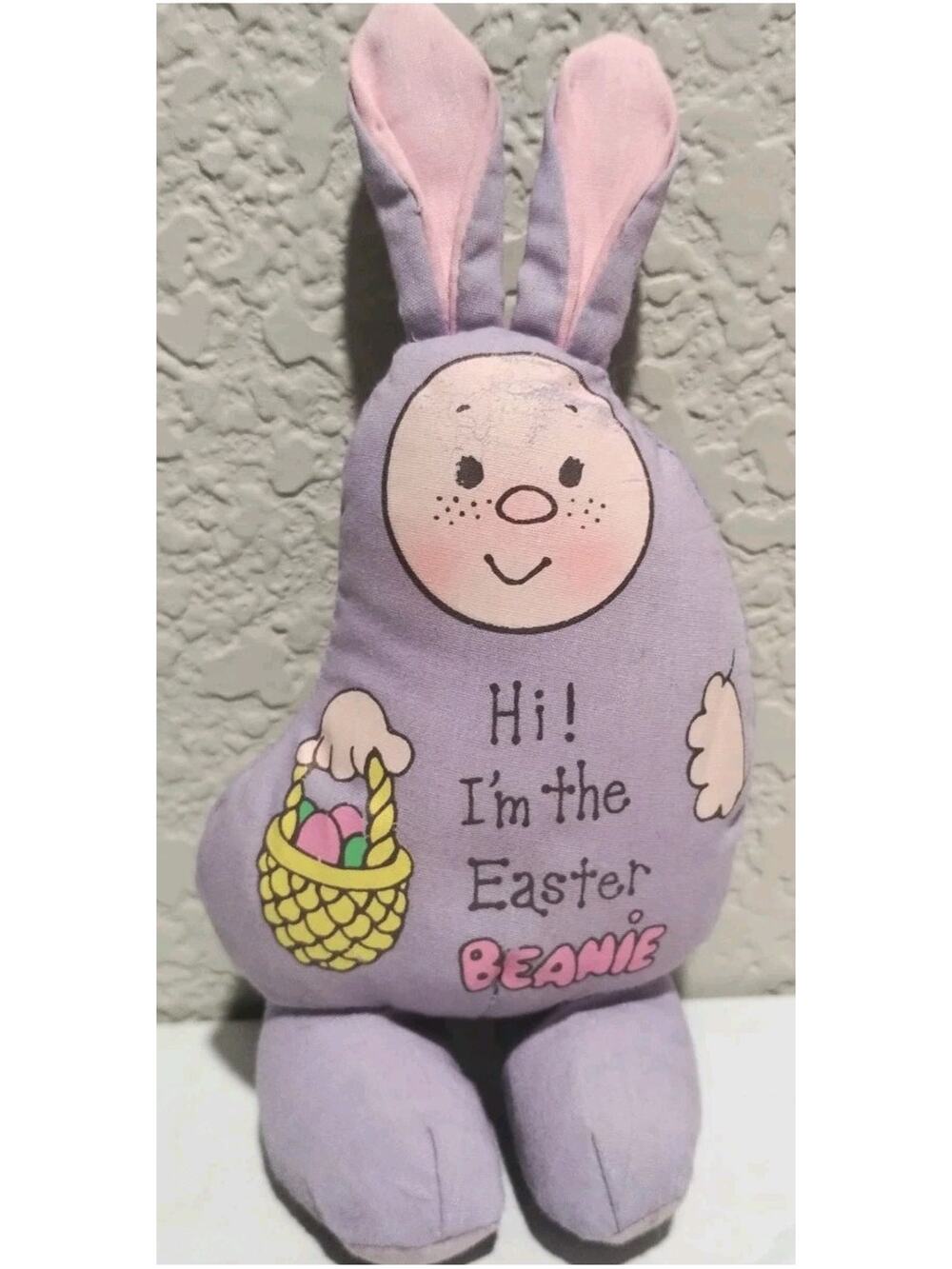 Vintage Human Bean 1982 HI! I'M THE EASTER BEANIE! Purple Bunny Ears Plush RARE